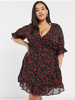 Wednesday's Girl Cherry Print Wrap Dress with Tie Sleeves